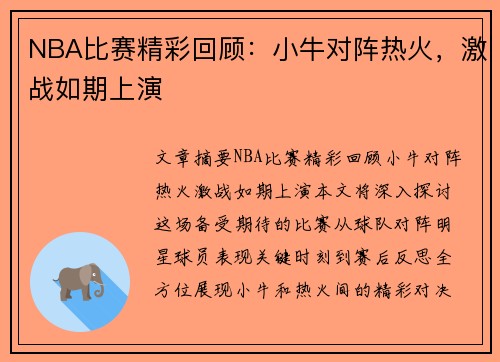 NBA比赛精彩回顾：小牛对阵热火，激战如期上演