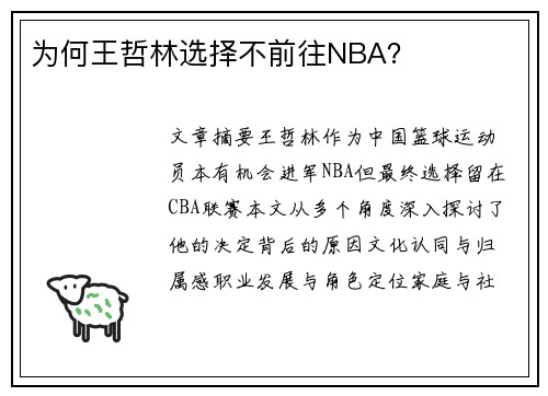 为何王哲林选择不前往NBA？